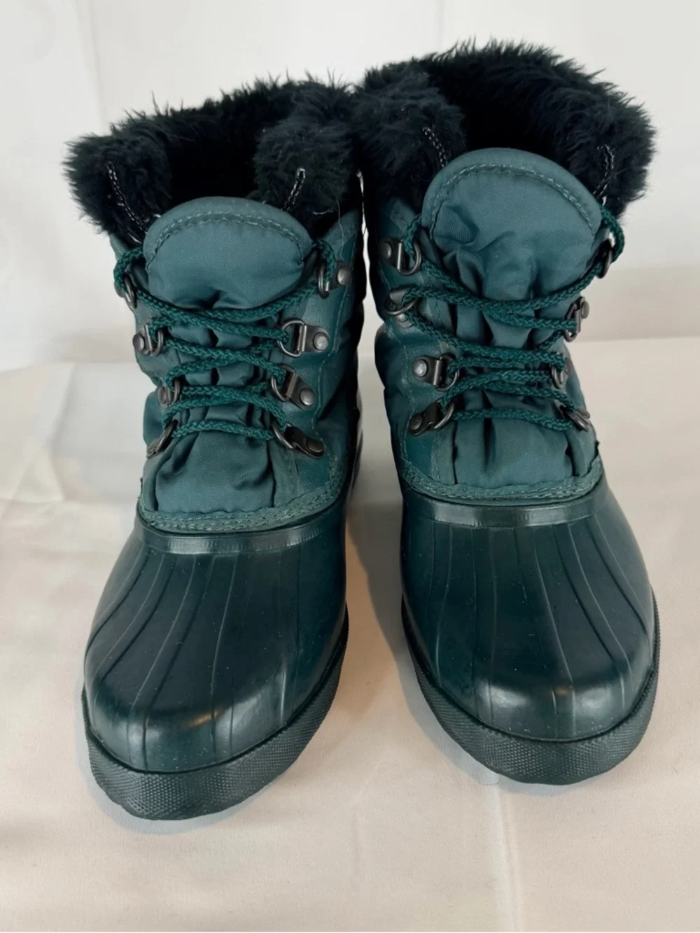 SOREL Size Y5/W7 Duck Boot Kaufman Green Faux Fur Felt Lined Winter VINTAGE